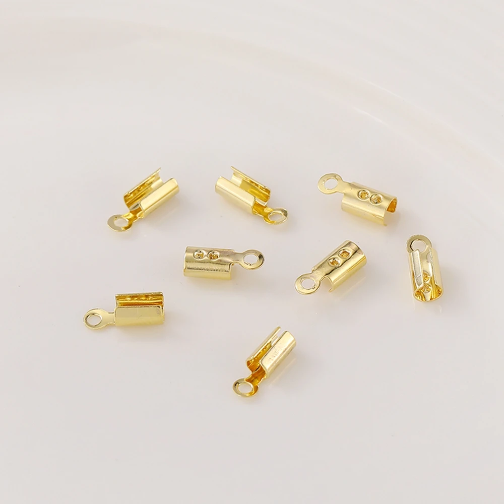 

14K Real Gold Plated Cords Crimp End Beads Caps Leather Clip Tip Fold Crimp Bead Bracelet Connectors For Jewelry Making Finding