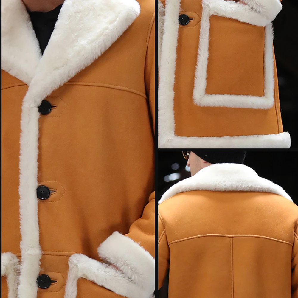 Мягкая удобная дубленка из овчины желтое зимнее пальто средней длины