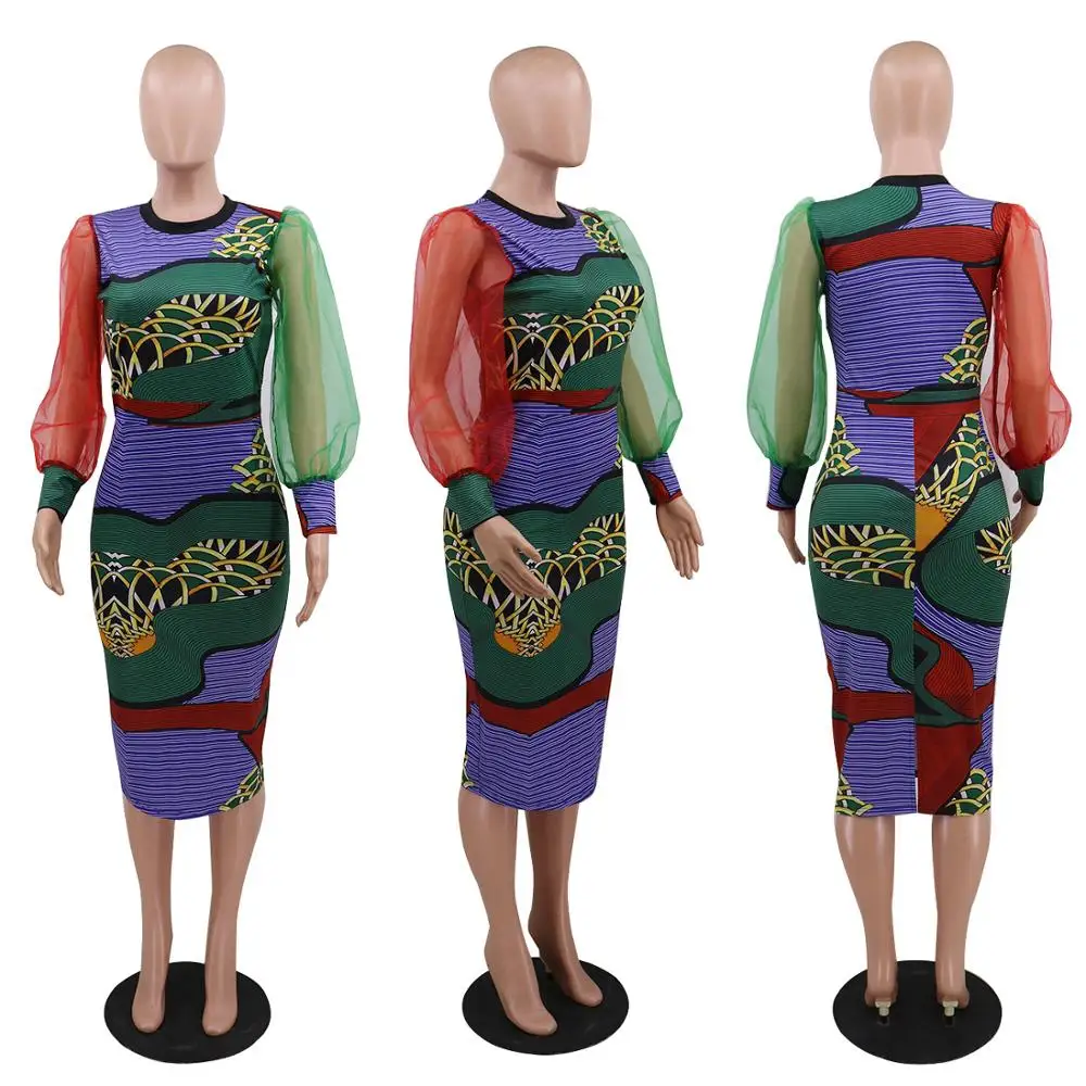 

2021 Color Printed Lantern Sleeve A-line Skirt Skinny Mini Dress Stitching Mesh Lantern Sleeve Fashion Party Retro Midi Dress