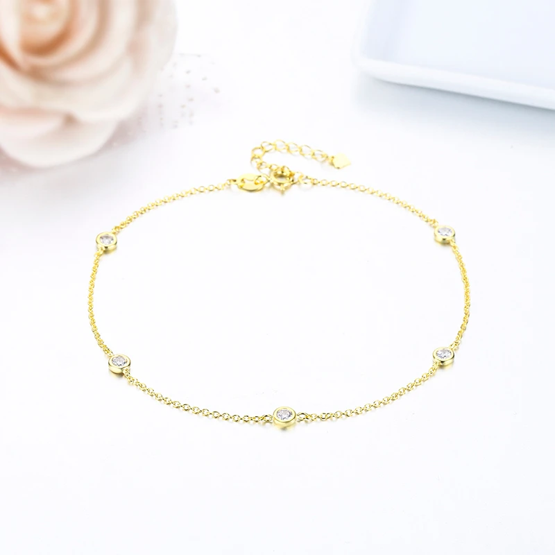 Женский ножной браслет с круглым кубическим цирконием амулет из стерлингового