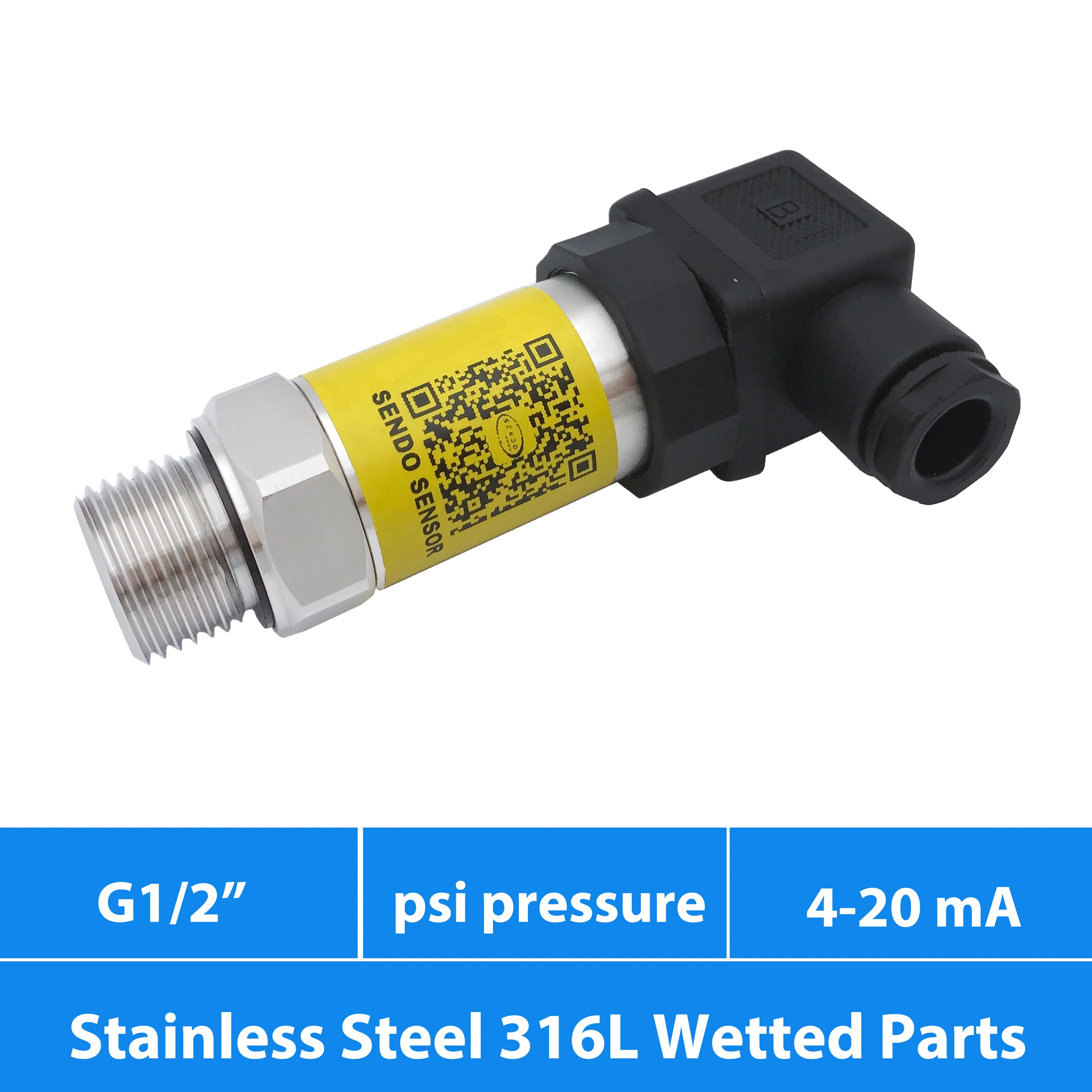 4 20 mA pression sensor,  AISI 316L diaphragm, IP65, 0 15, 30, 75 psi, 200, 300, 1000 psi gauge, high pressure, industrial field