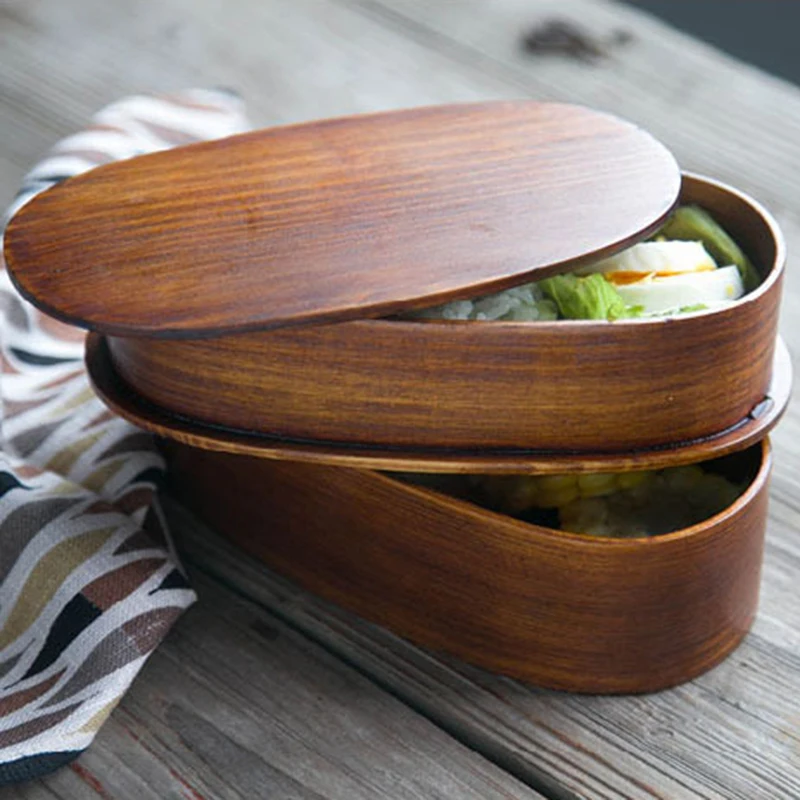 

2021 Double-layer Natural Wooden Bento Lunch Box Food Storage Container Suitable Students Picnics BBQ Dinnerware