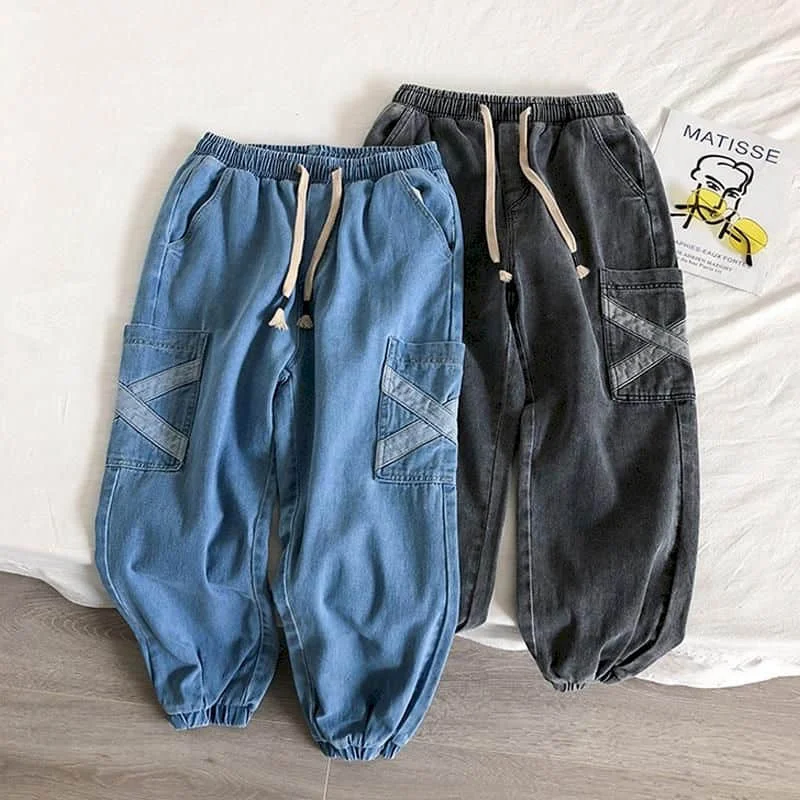 

2021 Spring New Cargo Jeans Men Trend Loose Handsome Trousers for Men Joggers Cross Splicing Multi-Pocket Hip hop Cropped Pants