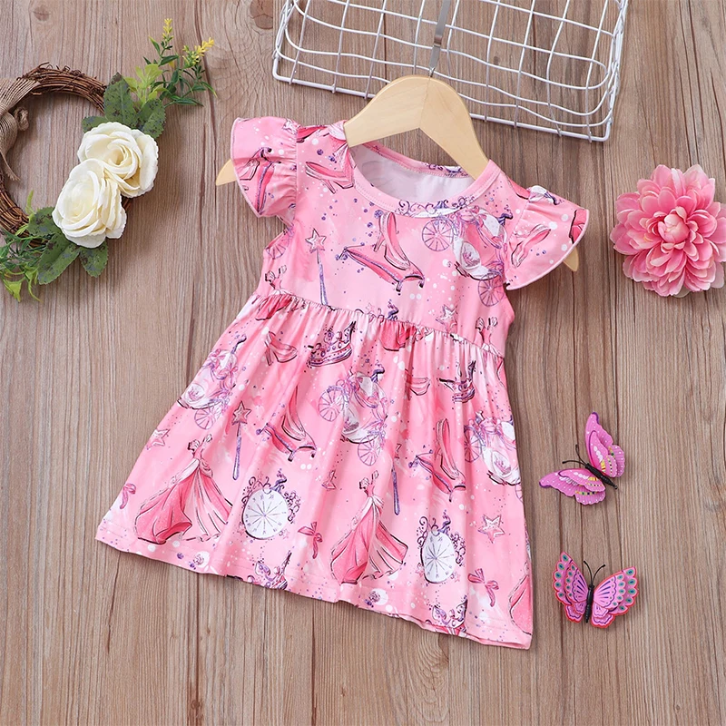 

Girls Crystal Shoe Dress Printed Flying Sleeve Princess Dress