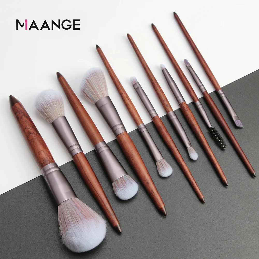 Набор деревянных кисточек для макияжа MAANGE 11шт., для косметики, основы, пудры, румян, теней, губ, оттенков