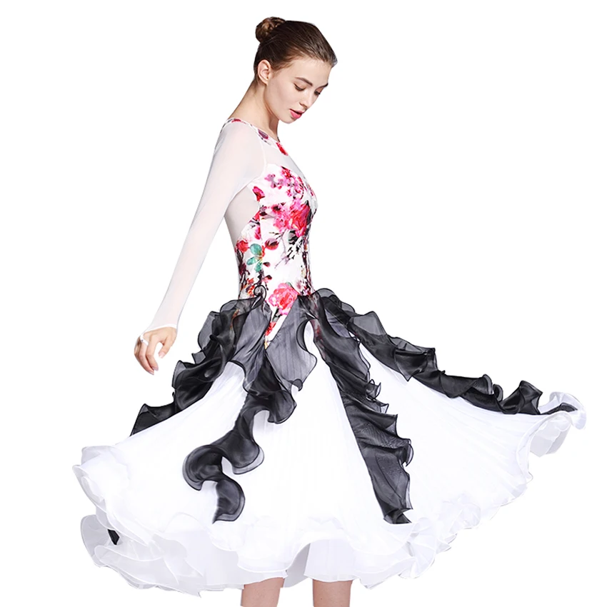 

Floral mesh long sleeve Ballroom Dance Dress Modern Dance Flamenco Waltz Dress Standard Practice Wear Competition Costume