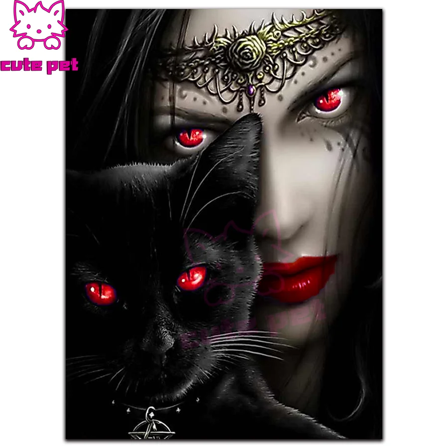 5D DIY Diamond Painting Vampire woman with black cat Handmade Home Decor Full Drill Cross stitch Diamond Embroidery Holiday gift