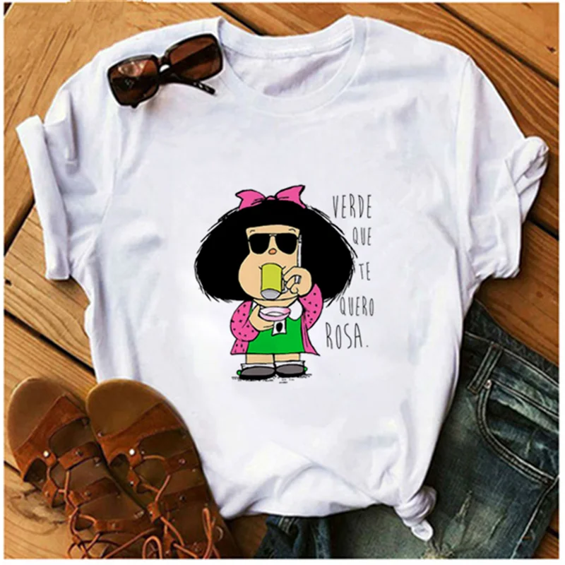 

Funny Peace Mafalda Love Coffee Cartoon Print T-Shirt Graphic Tees Women Harajuku Kawaii Clothes White Short Sleeve Tshirt Femme