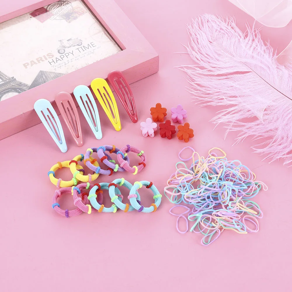 

220pcs Candy Color Solid Color Fashion Cute Girl Hairpin Rope Hair Tie Ponytail Children's Hair Accessories Set Anniversary Gift