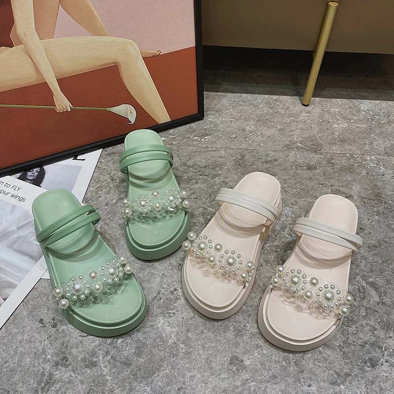 

Womens Platform Slippers Beaded Open Toe House Shoes Women 2021 New Two-wear Sandals Woman Casual Ladies High Heel Summer Slides
