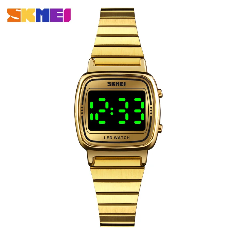 Gold SKMEI Ultra Thin Luxury Women's Silver Stainless Steel Watches Women Fashion LED Digital Dress Business Wrist watch Reloj Mujer - Цвет: Gold
