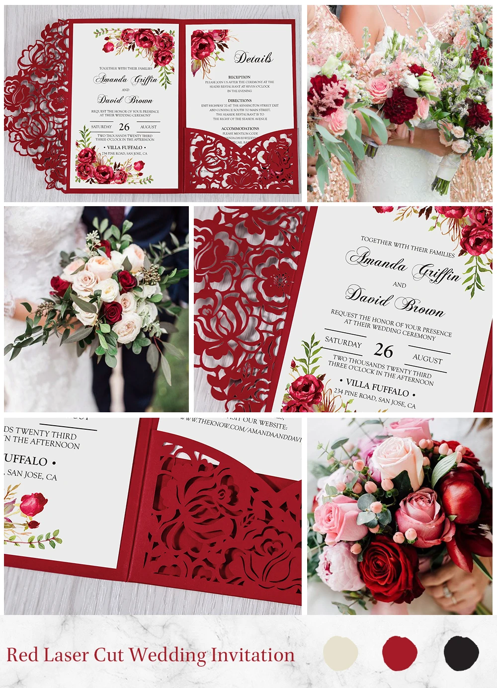 

100pcs Red laser cut flor Pocket Wedding Invitations Greeting Cards with Envelope Customized Party,CW0008