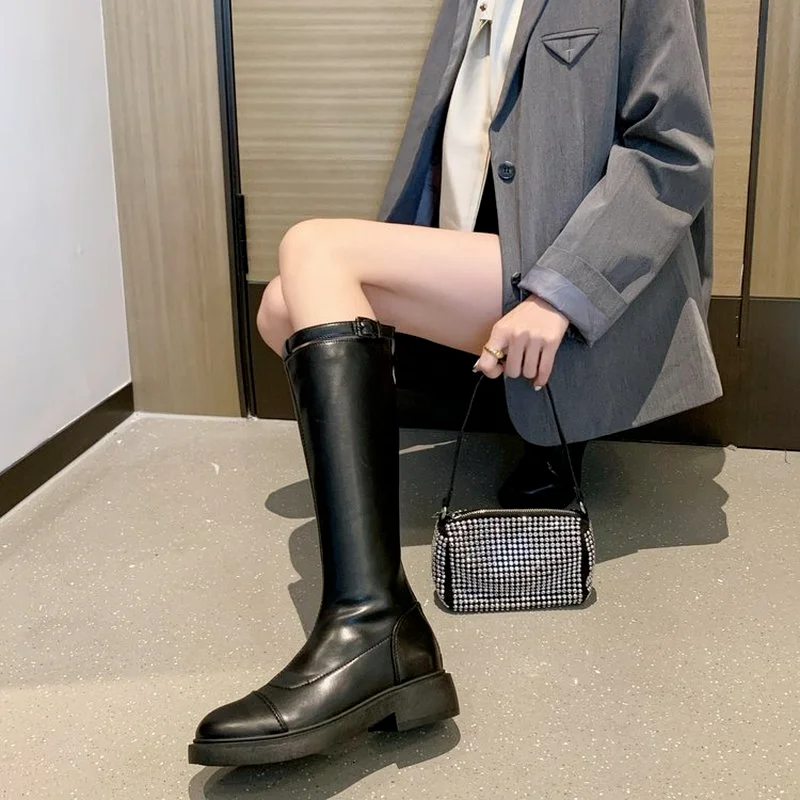 

Women Platform Boots 2021 Winter Gothic Shoes Long Boots Women Fashion Black Beige Mid Calf Boots Round Toe Slip on Riding Boots