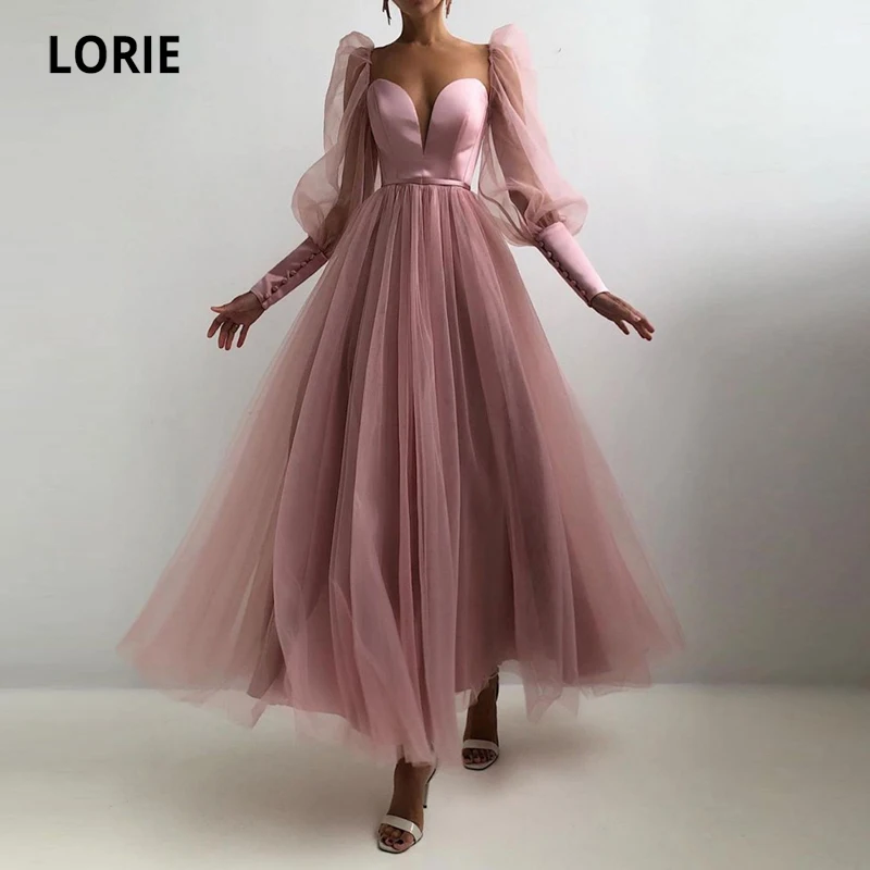 LORIE Dusty Pink Prom Gowns Sweetheart Puff Long Sleeves Tulle A-Line Arabic Evening Dress Wedding Party Dress for Graduation