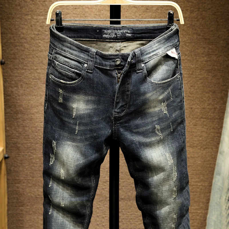 Джинсы мужские облегающие стрейчевые повседневные брюки из денима в стиле панк