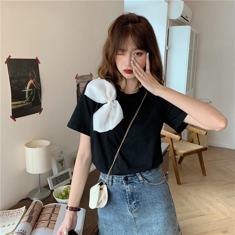 

YTX343 2021 new design sense bowknot beaded loose and thin short-sleeved T-shirt top