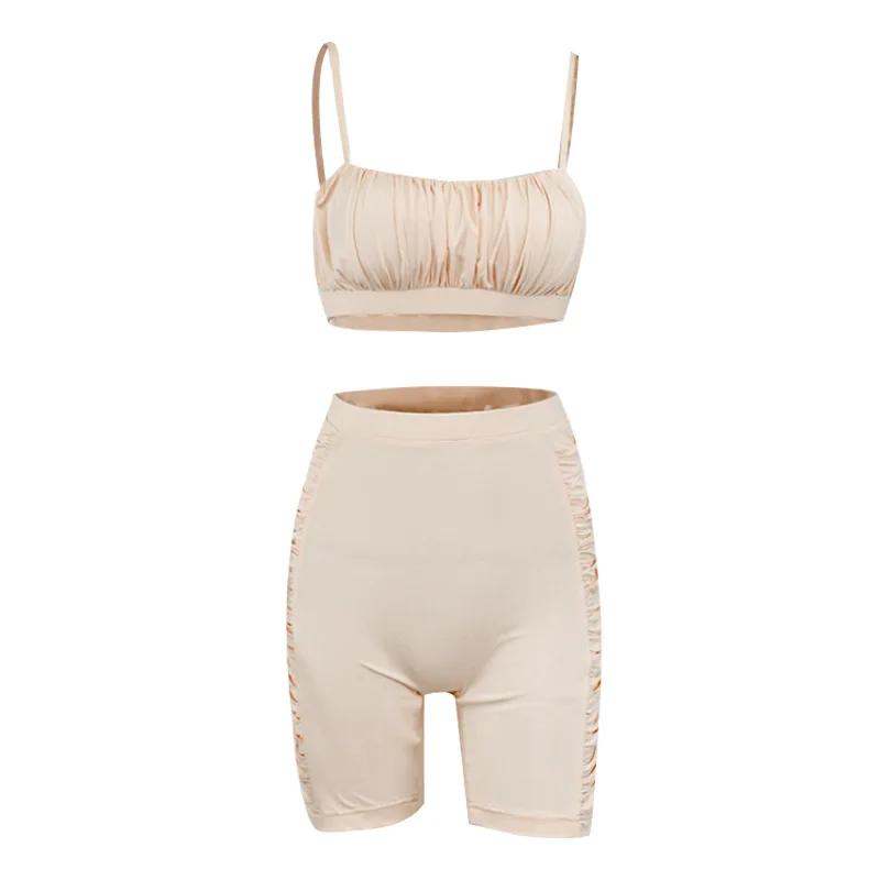 

Suit women European and American women's summer new style solid color party fashion fold suspenders + shorts two-piece suit