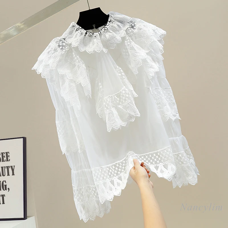 

Sweet Lace Ruffled Patchwork Flared Sleeves Pile Collar Organza Blouses Womens Sexy See-through All-Matching Shirt Lady Tops