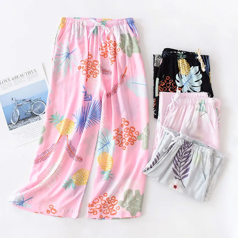 Soft Comfortable Calf-Length Cotton Sleepwear Pants Lounge At Home Outdoor Pants Women Spring Summer