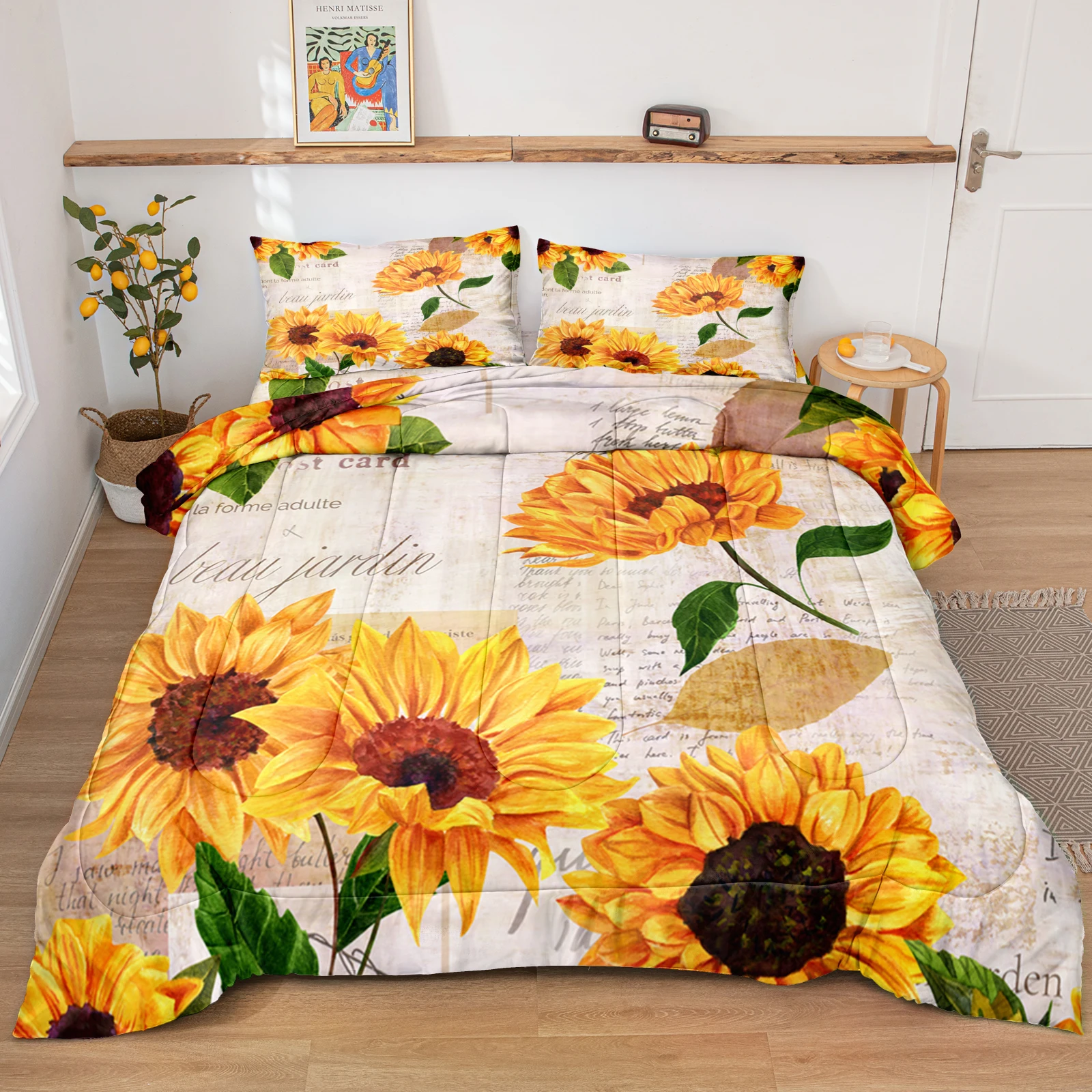 Juego de edred&oacute;n de girasoles con letras para ni&ntilde;os y ni&ntilde;as, ropa de cama con estampado de girasoles, Retro-0
