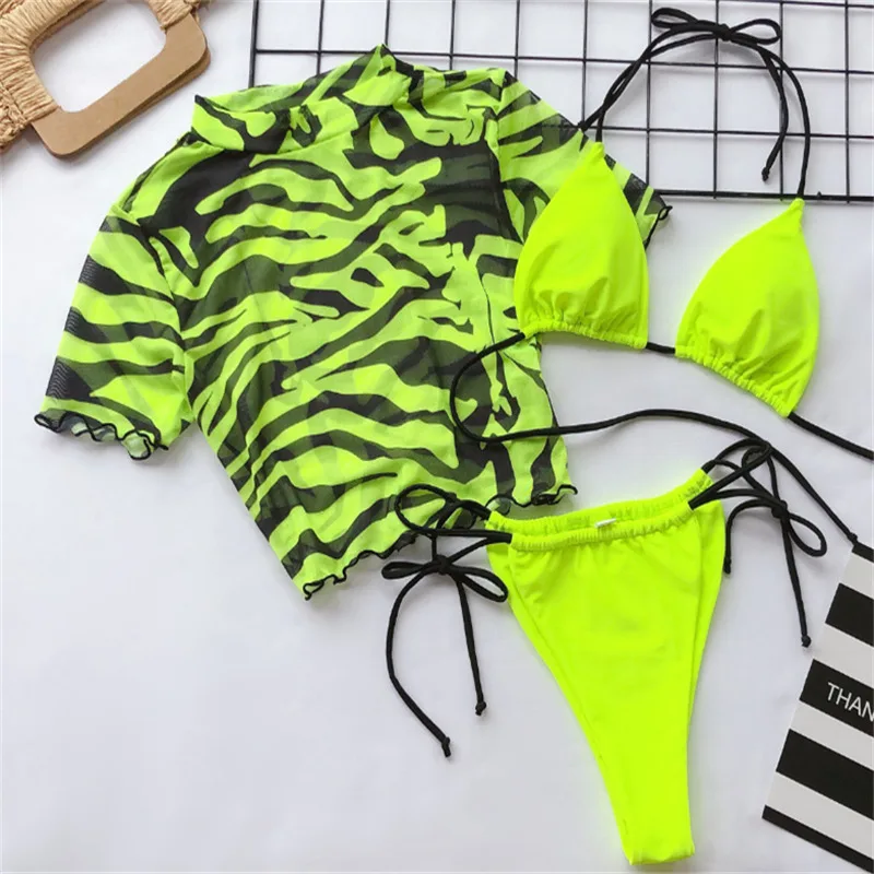 Green GNIM HL стринги бикини Mujer три части Леопардовый принт, сексуальный женский купальник с оборками сетка бикини бразильский пляжный купальник - Цвет: Green