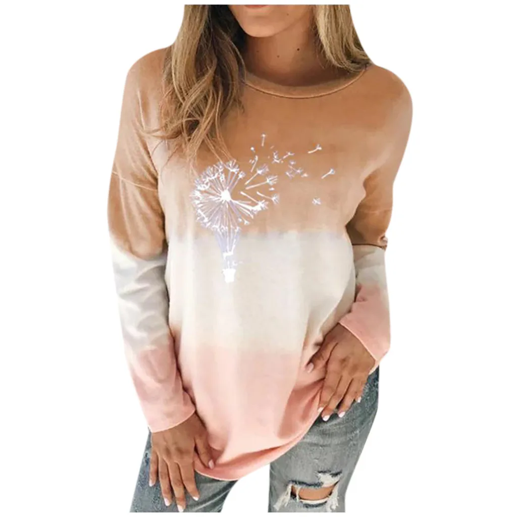 Women Fashion O-neck Tie-dye Loose Long Sleeves Tops Blouse Gradient Sweatshirt Для Женщин Sweetshirts Hoodie Толстовка 2021