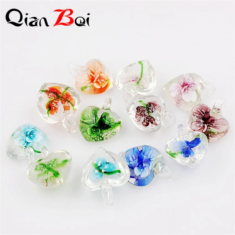 QianBei Wholesale 12pcs/Lots Transparent Glass Heart Print Flower Pendant For Bracelet Necklace Jewelry Making Earring Finding