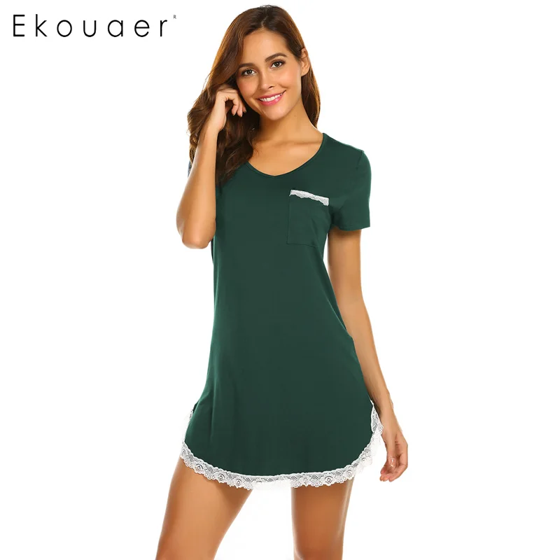 dark green Ekouaer, летняя Ночная сорочка, ночная рубашка с круглым вырезом и коротким рукавом, кружевная ночная рубашка, мягкая домашняя одежда для сна, ночная рубашка - Цвет: dark green