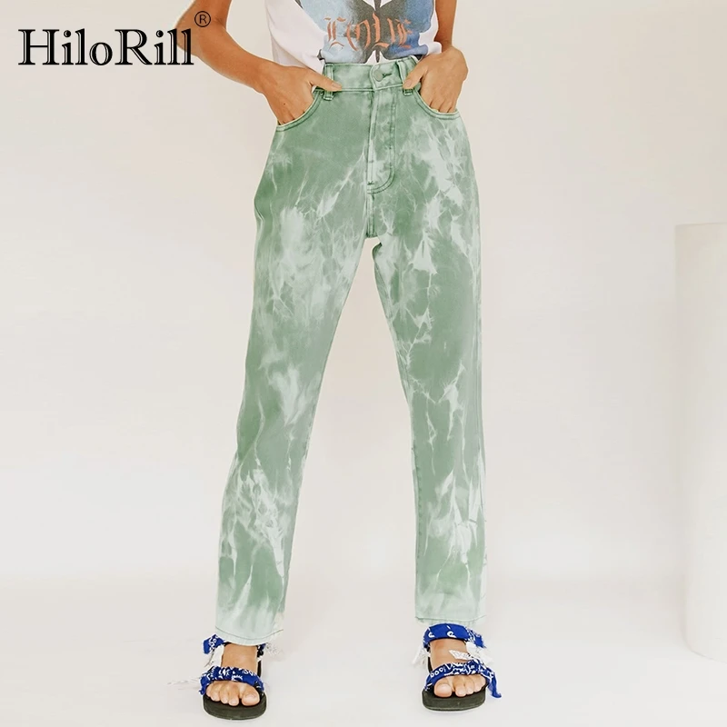 

HiloRill Fashion Women Printed Denim Pants Streetwear Mom Jeans 2021 High Waist Cowboy Trousers Female Casual Pockets Long Jeans