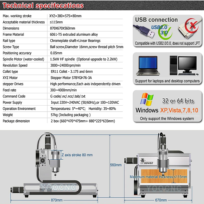 YOOCNC 4030Z 6040Z Гравировальный фрезерный станок 4-осевой USB-порт 800 Вт 1500 2200 кВт
