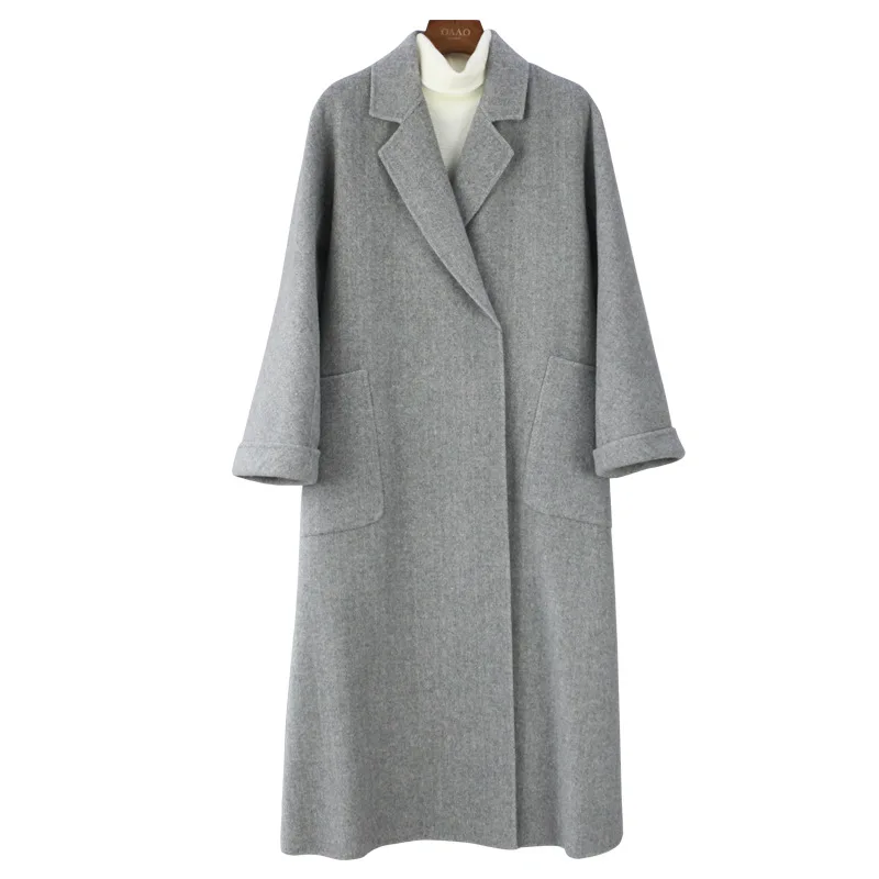 

Double-sided Striped Retro Thick Cashmere Wool Coat Mid Long Vintage Warm Cute Casaco Feminino Women Winter Loose Wool Overcoat