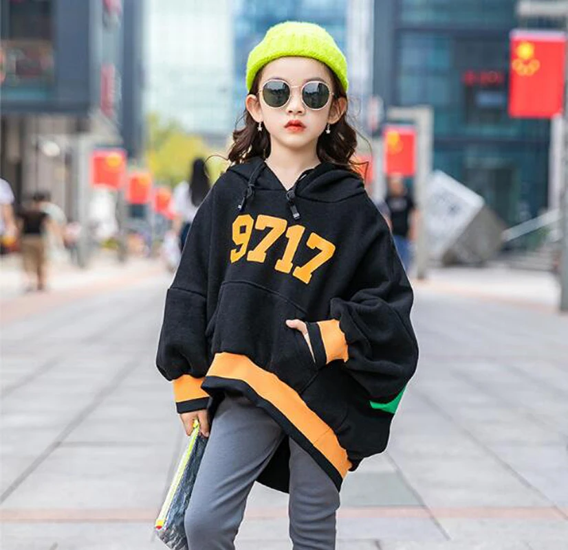 

Cultiseed Girls Color Letter Floral Print Batwing Sleeve Loose Hoodies Coat Big Children Kids Autumn Winter Warm Hooded Jacket