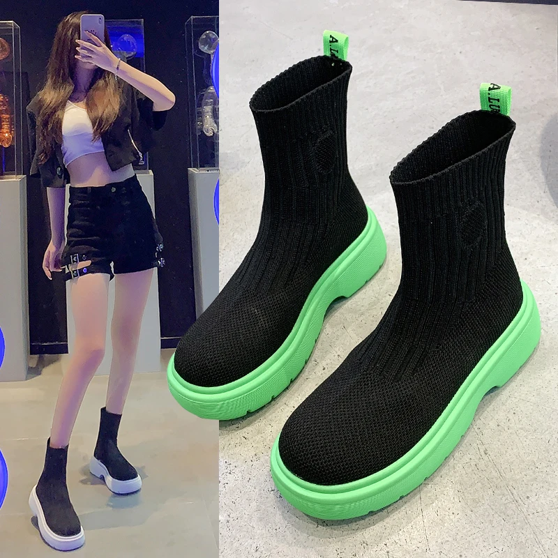 

Autumn New Socks Shoes Woman Stretch Fabric Mid-Calf Casual Platform Boots Net Red Knitted Short Boots Women Plus Size Booties