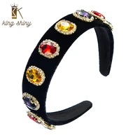 king shiny vintage color geometric crystal headband elegant sparkly rhinestone beaded black velvet hairband girls party headwear