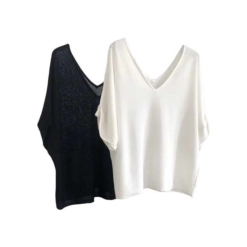 

Women Summer Loose Knitted Short Sleeves T-Shirt Female Fashion New Casual Solid Color Tees Ladies Brand Elegant V-Neck Top M342