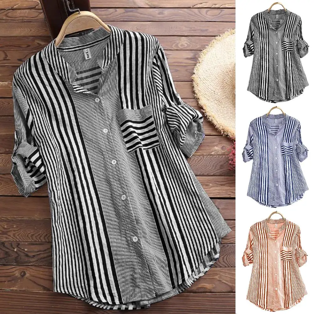 

Women Half Sleeve Striped Blouse T-Shirt Button Up Tops Ladies Casual Loose Tee Plus Size