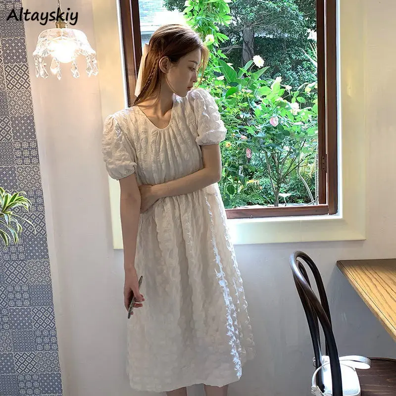 

Dresses Women Summer New Tender Folds Mid-calf Fashion Empire All-match Sundress Harajuku Puff Sleeve Cute Lovely College Cozy