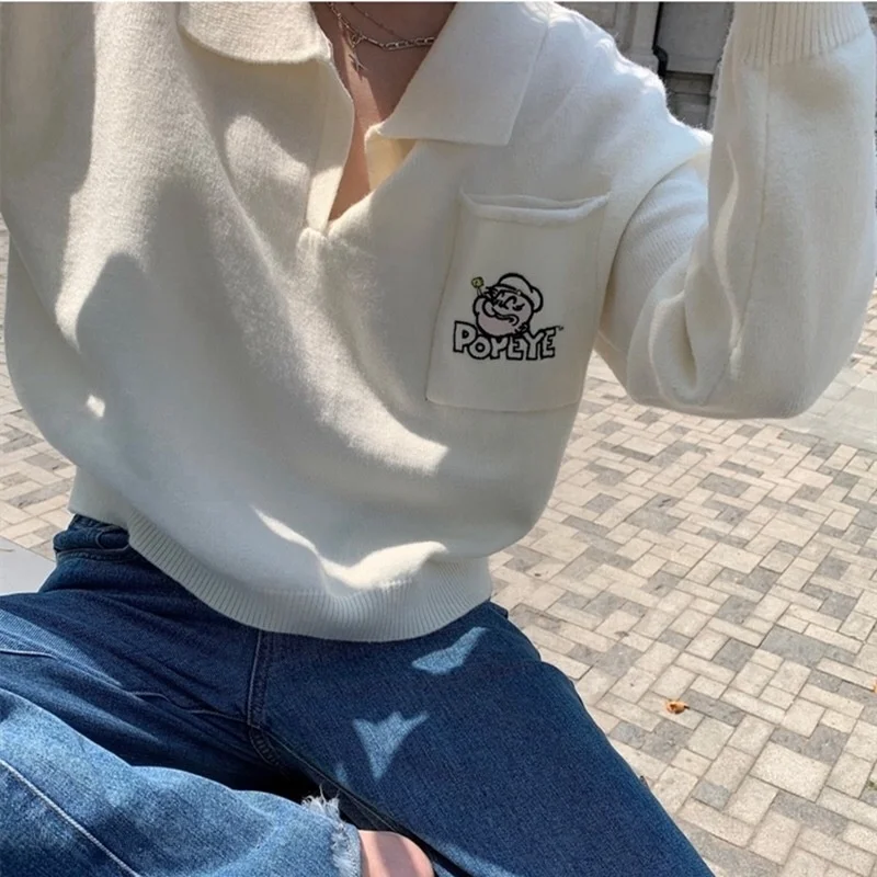 Свитер с отворотами и мультяшным принтом для женщин | Женская одежда
