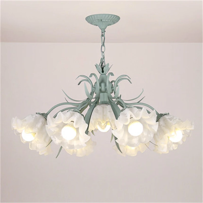

Korean Style Chandelier Pastoral Creative Flowers Glass Pendant Light Living Room Bedroom Dining Room Simple Iron Hanging Lamp