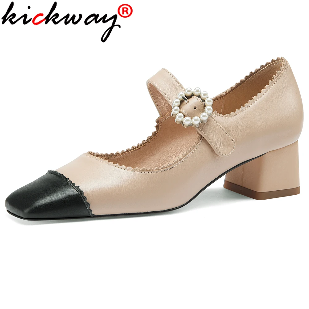 

Kickway/разноцветные туфли-лодочки на высоком каблуке для женщин; Женская обувь из натуральной кожи с жемчужной пряжкой; Коллекция 2021 года; Жен...