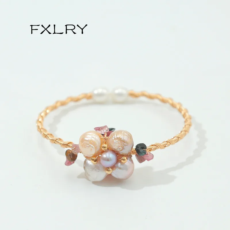 

FXLRY Handmade Natural Pearl Special-Shaped Baroque Pearl Gold Color Flower Opening Bracelet For Women Jewelry