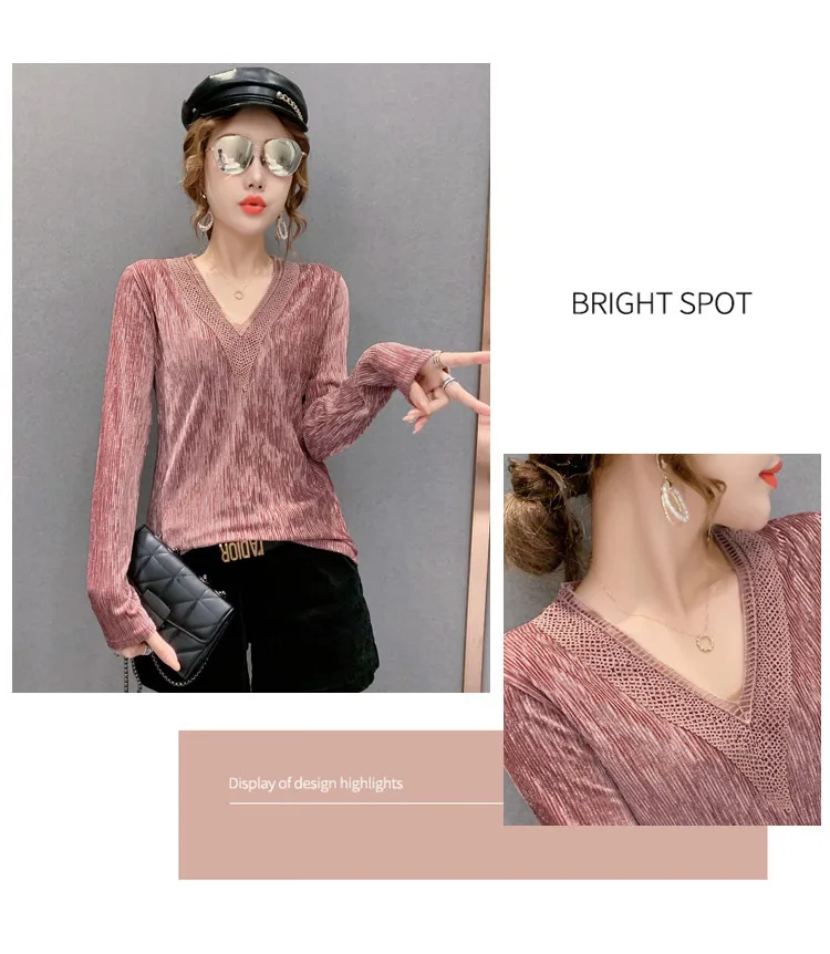 

Fall Winter T-Shirt Pleuche Sexy V-Neck Crochet Patchwork Shiny Diamonds Women Tops Bottoming Shirt With Fleece Tees New T16305A