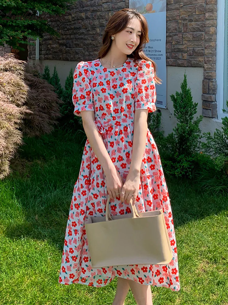 

French Puff Sleeve Dress Women's 2021 New Summer Loose and Thin Pink Little Flower Fairy Dress Summer Dress
