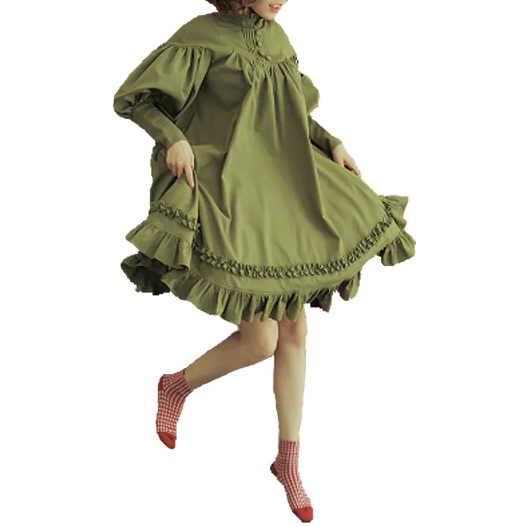 

Elegant women's long skirt dress new lantern long sleeve round neck solid color Lolita princess skirt button lace dress vestidos