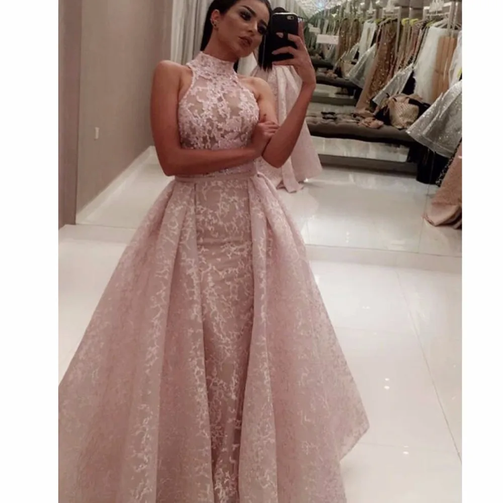 Fashion High Neck Lace Two Piece Prom Dresses Detachable Train A-Line Evening Dress Long Formal Robe de soiree longue | Свадьбы и