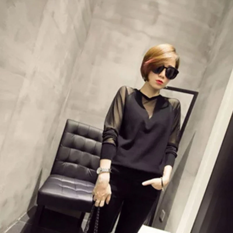 

Plus Size 3XL Women's Sexy Black Perspective Net Yarn Long Sleeve Blouse Fashion Slim Ladies Female Tops Tees