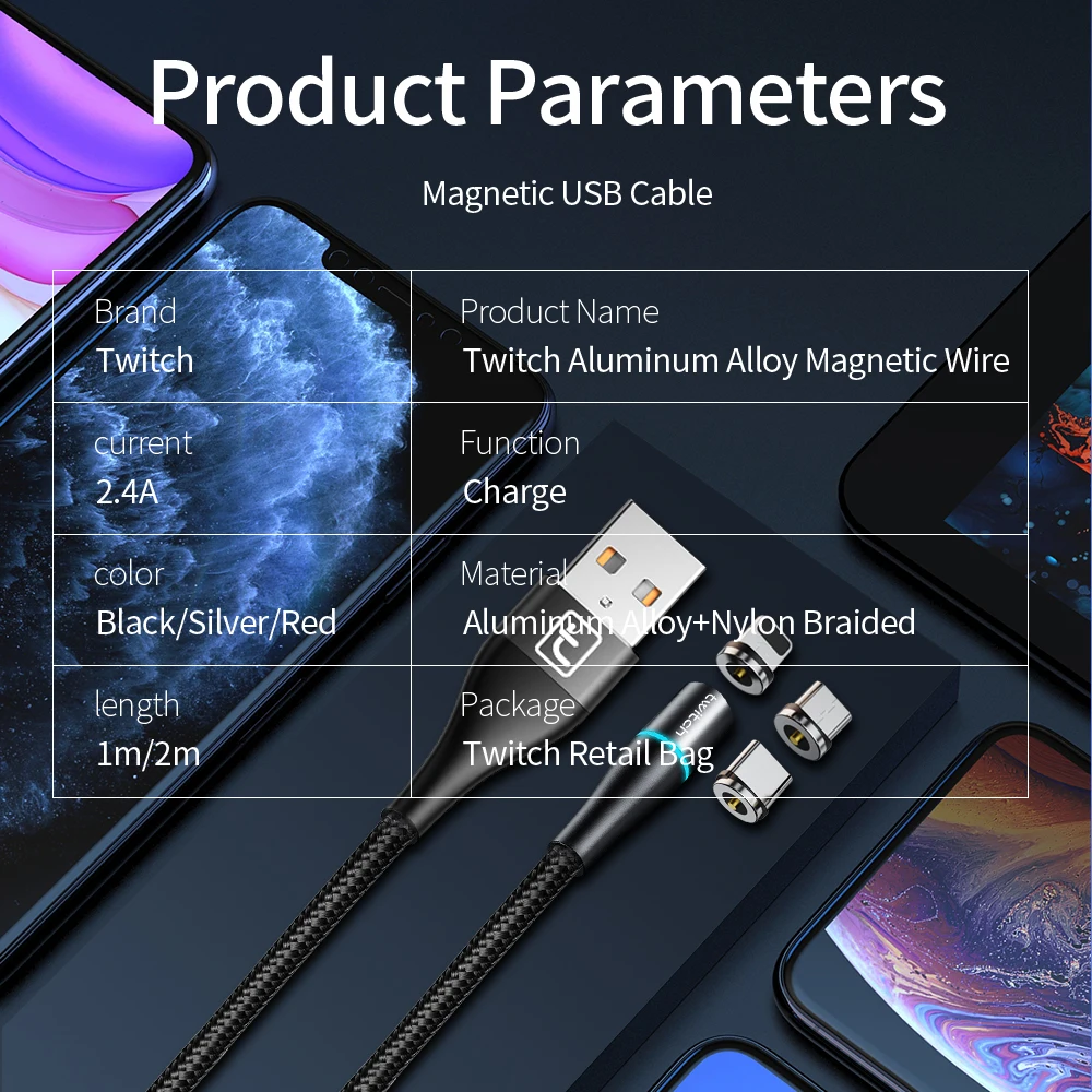 Магнитный USB кабель Twitch 2 м 1 usb Тип c шнур для быстрой зарядки Samsung S10 S9 xiaomi Mi9 Huawei C
