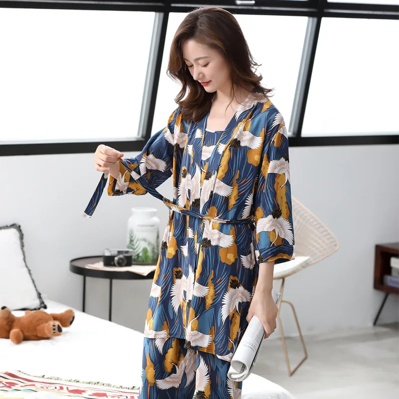 Весна и осень Поп 3 шт пижамы v-образным вырезом вискоза печать Женская Роскошная