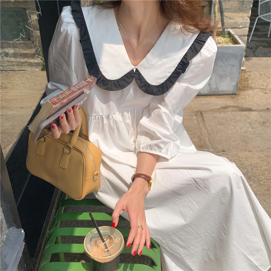 

Женское винтажное платье с оборками, длинное Белое и черное платье с воротником «Питер Пэн», свободное элегантное праздвечерние чное плать...