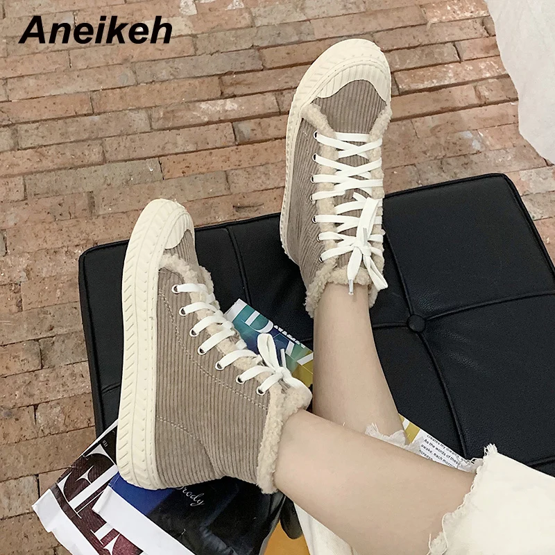 

Пикантные теплые вязаные короткие плюшевые зимние ботинки Aneikeh для женщин, трендовые ботинки на плоской платформе, ботильоны с перекрестно...